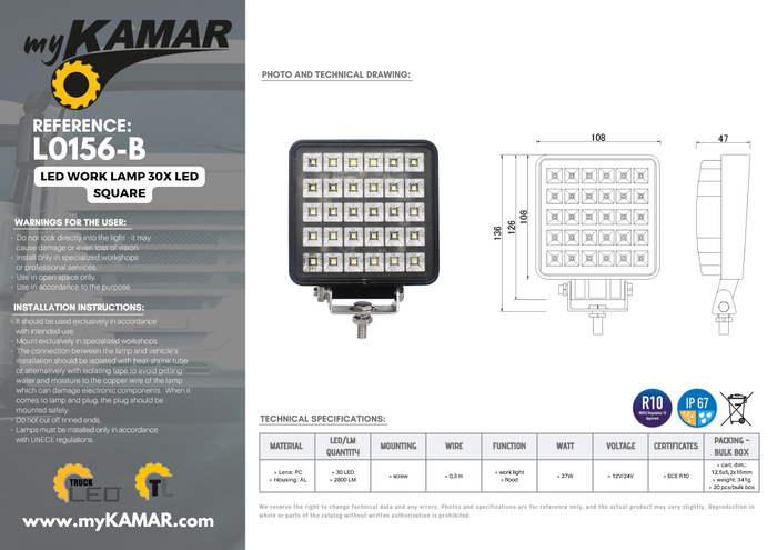 ΦΑΝΟΣ ΠΡΟΒΟΛΕΑΣ ΕΡΓΑΣΙΑΣ 30x LED ΜΕ ΔΙΑΚΟΠΤΗ L0156